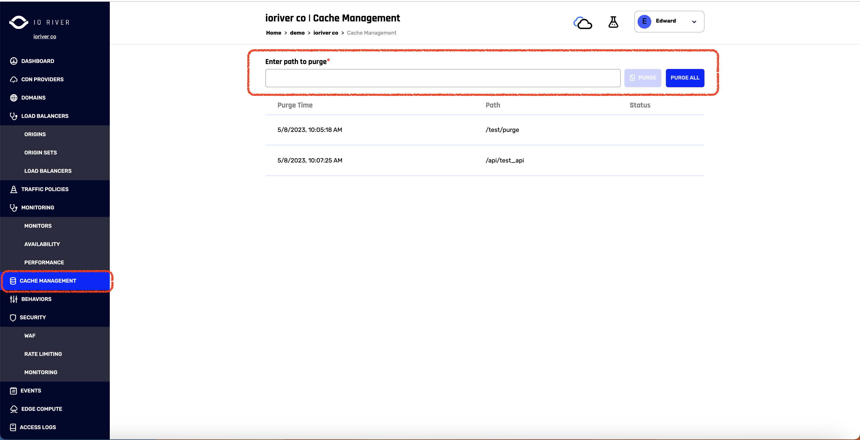 Cache Management Screen